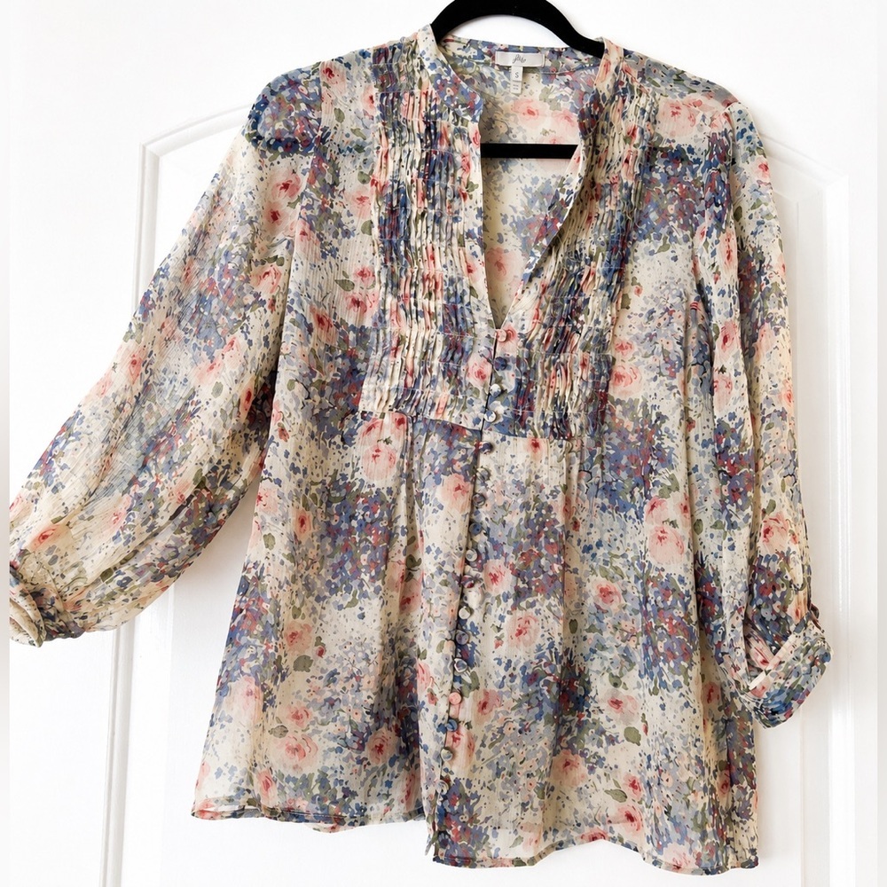 Joie Floral Pintuck Sheer Blouse Size Small Boho Romantic Peasant Top